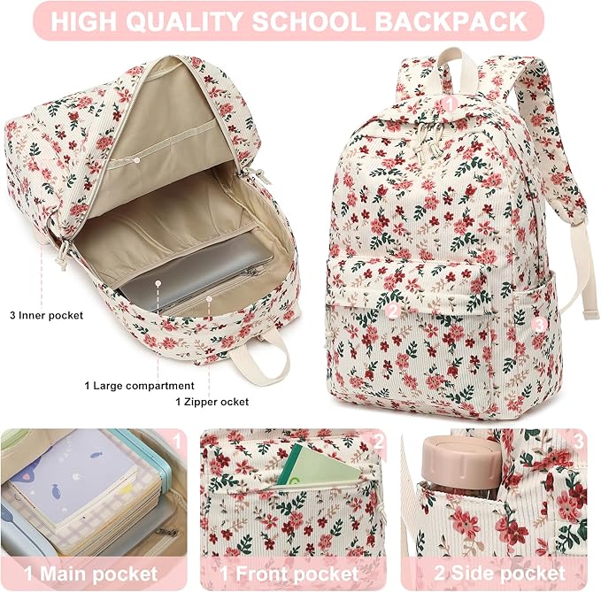 School Backpack for Teens Large Corduroy Bookbag Lightweight 15.6 inch Laptop Bag for Girls Women Casual High School College