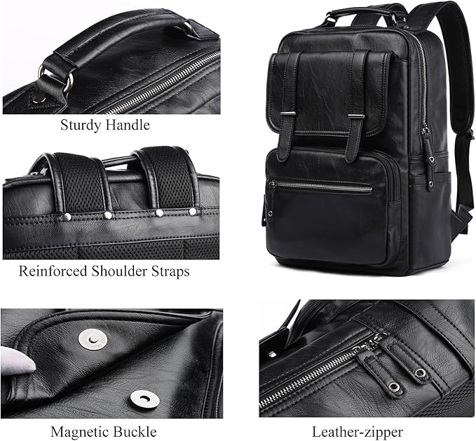 CHAO RAN Vintage Leather Laptop Backpack for Men, Large Waterproof Travel Black Rucksack, Work Knapsack Fit up to 16 inch Laptop, Business Backpack for commute College (Black)