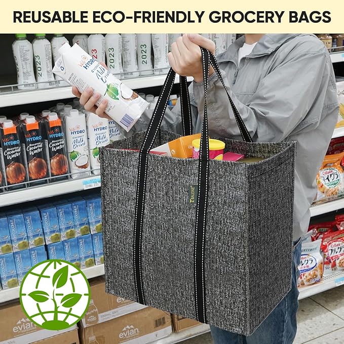 BALEINE 4 PK Grocery Bags Reusable Shopping Bags with Reinforced Bottom, Heavy Duty Foldable Tote Bags (Grey)