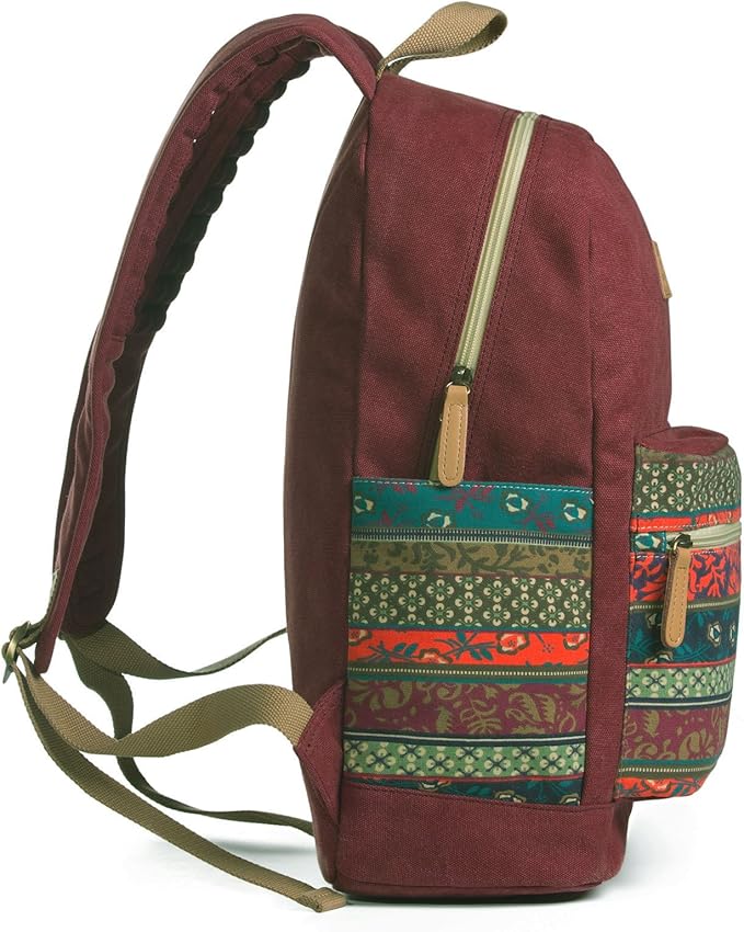 Kinmac Canvas Backpack with Massage Cushioned Straps,Travel Outdoor Backpack (Wine-Bohemian)