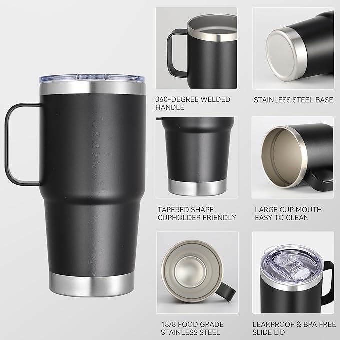 20 oz Stainless Steel Tumbler with Handle Metal Insulated Coffee Travel Mug with Handle Double Wall Tumbler Cup with Lid and Straw, Black 1 Pack