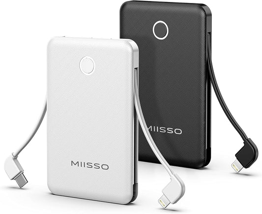 2-Pack 6000mah Ultra Slim Built in Cables Power Bank, Card Size Built in USB C Cords Battery Pack Portable Charger for Phones, 3 Output External Battery Pack Compatible with iPhone, Black & White