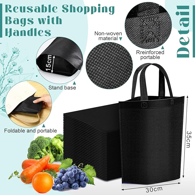 Windyun Reusable Grocery Bags Large Non Woven Shopping Bags with Handle Foldable Portable Tote Carryall Bulk 11.8x6x13.8 Inch