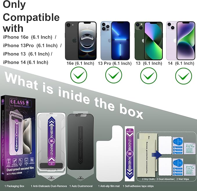 2 Pack Matte Privacy Screen Protector for iPhone 16e and iPhone 14 and iPhone 13 and iPhone 13 Pro 6.1-Inch Auto Dust Removal, No Bubbles,Anti-Spy Tempered Glass Film, Easy Installation