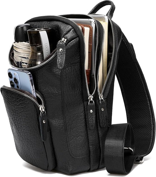 LANNSYNE Vintage Full Grain Leather Sling Bag Crossbody Chest Daypack