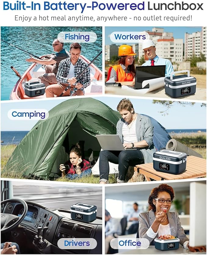 Cordless Electric Lunch Box for Adults, Rechargeable 16000mAh Battery Powered, 60W Self Heating Lunch Box with Smart Reservation and Keep Warm Function for Car/Truck/Office/Travel