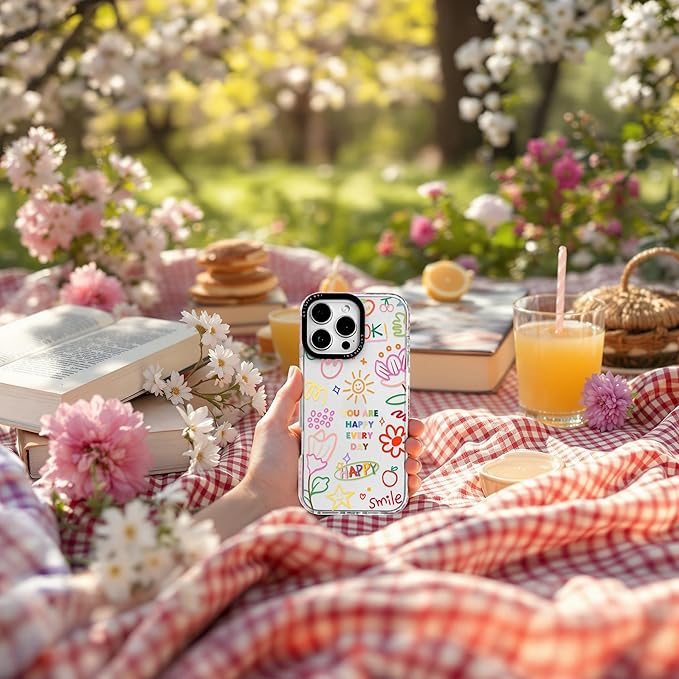 for iPhone 15 Case, Doodle Happy Collage Pattern, Military-Grade Drop Protection, Cute Soft Slim TPU Protective Cover with Camera Lens Protection for Women & Girls