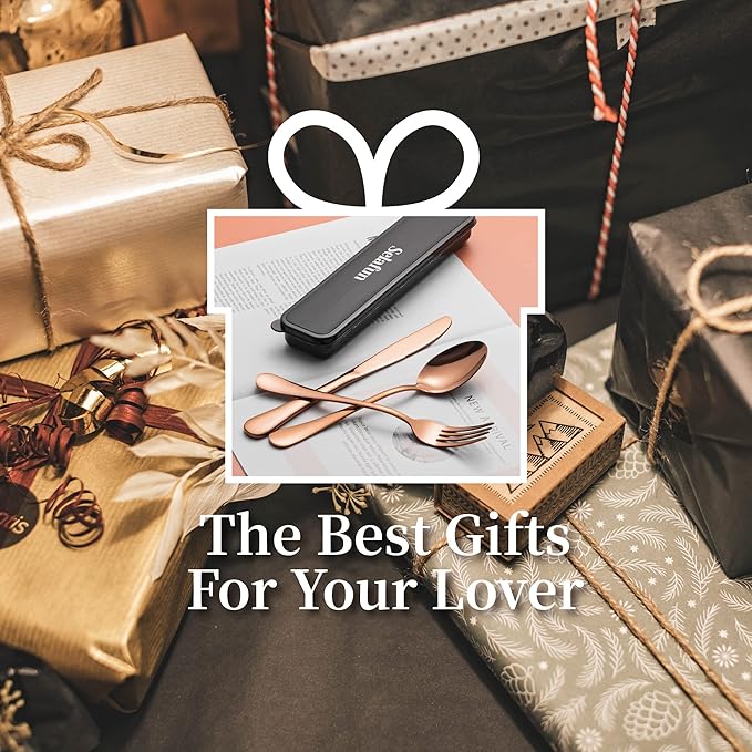 4-pieces Travel Set with Case Portable Silverware Utensils Set for work, Stainless Steel Reusable Flatware Set Cutlery Set for Camping Picnic Hiking Office (8inch, Rose Gold)