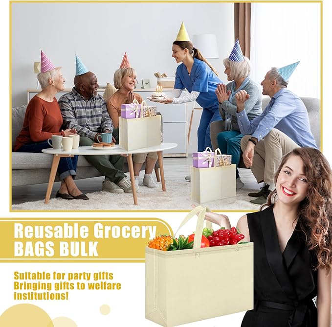 Windyun Reusable Grocery Bags Large Non Woven Shopping Bags with Handles Foldable Portable Tote Bulk, 16x6x12 Inch