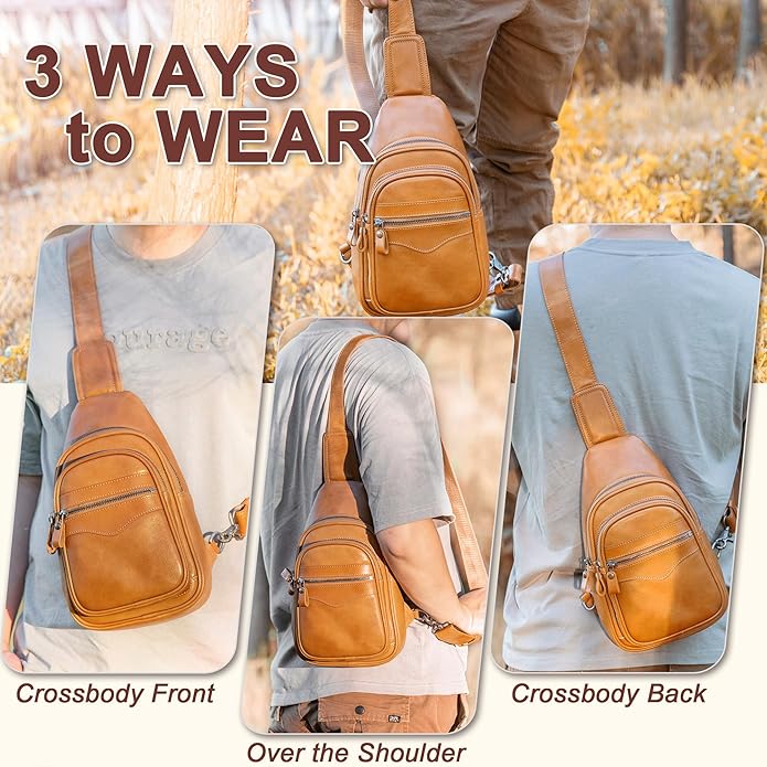 Genuine Leather Sling Bag for Men and Women Crossbody Shoulder Bag Sling Backpack Chest Purse Carry on Casual Daypack