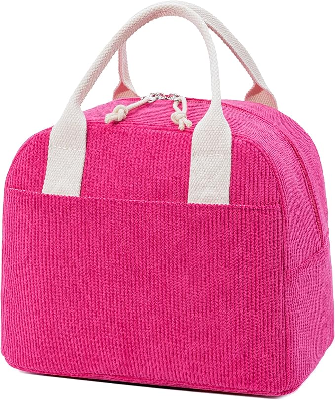 Insulated Lunch Bag for Women Men, Stylish Corduroy Tote Bag with Aluminum Lining, Large Capacity Reusable Cooler for Work, Travel, or Beach, Berry Red Lunch Box