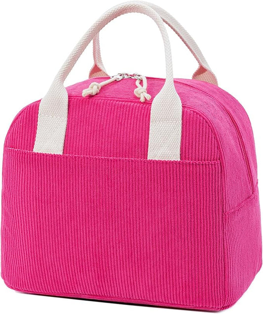 Insulated Lunch Bag for Women Men, Stylish Corduroy Tote Bag with Aluminum Lining, Large Capacity Reusable Cooler for Work, Travel, or Beach, Berry Red Lunch Box