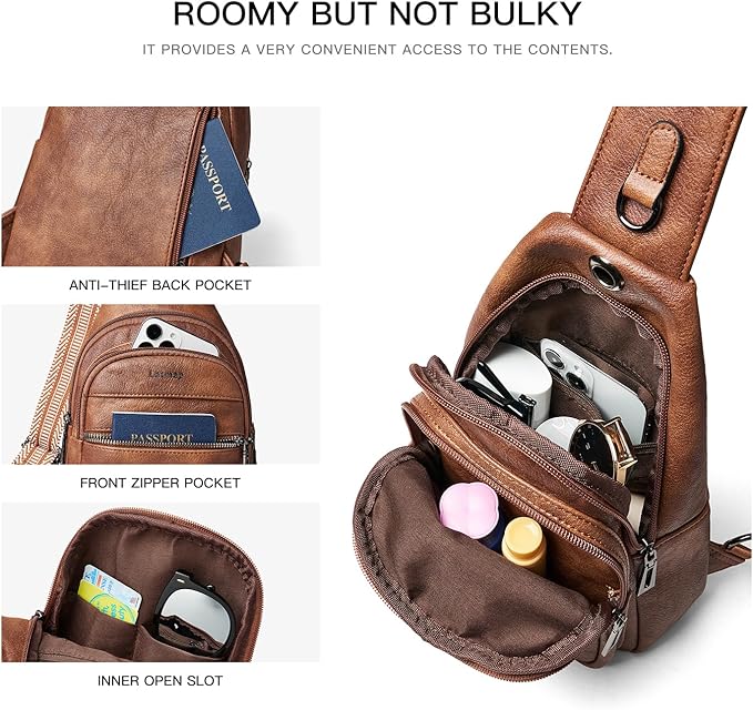 7L Sling Bag For Women Faux Leather Anti Theft Small Casual Daypack Backpack Fanny Pack Crossbody Chest Bags Purse Waterproof Brown