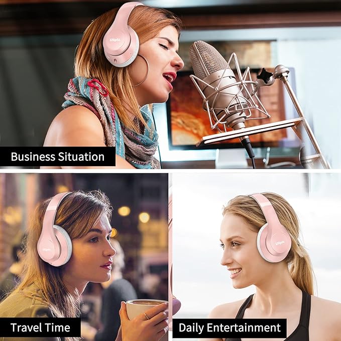 Uliptz Wireless Bluetooth Headphones, 65H Playtime, 6EQ Sound Modes, HiFi Stereo Over Ear Headphones with Microphone, Foldable Bluetooth 5.3 Headphone for Travel/Office/Cellphone/PC (Rose Gold)