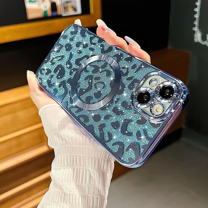 for iPhone 15 Plus Case Magnetic,Soft Cute Luxury Leopard Cheetah Pattern Plating Glitter Bling Phone Case Compatible with MagSafe Clear Shockproof Back Cover for Women Girl 6.7"-Blue