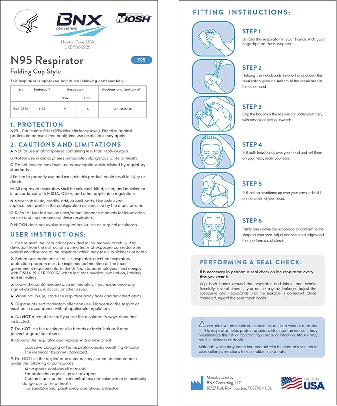 BNX N95 Mask NIOSH Certified MADE IN USA Face Mask, Tri-Fold Cup/Fish Style, 10,20,50-Pack - Black, White (Model F95B,F95W)