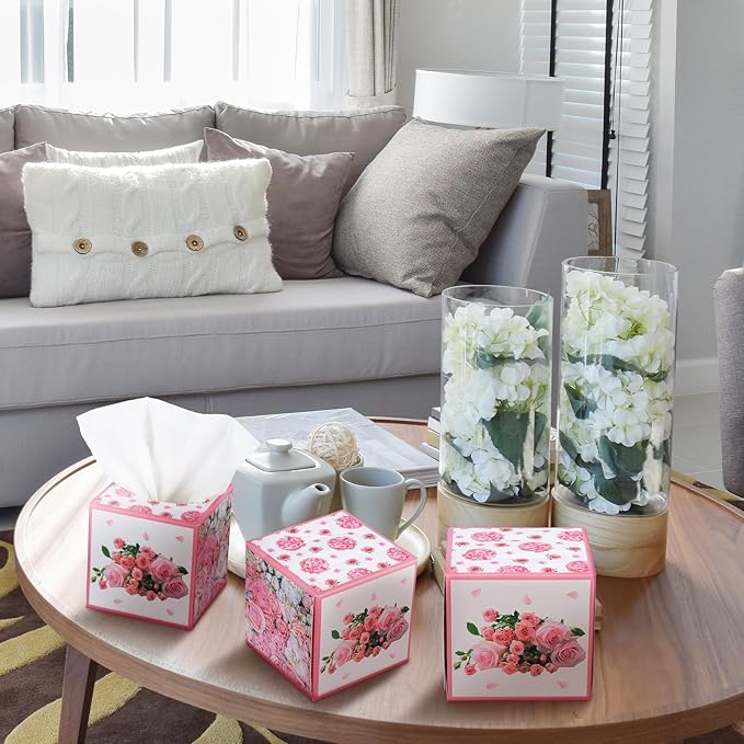 12 Pack Summer Rose Floral Facial Tissues Cube Boxes 600 Sheets 3 Ply Pink Small Square Flower Face Tissues Bulk for Summer Car Bedroom Supplies