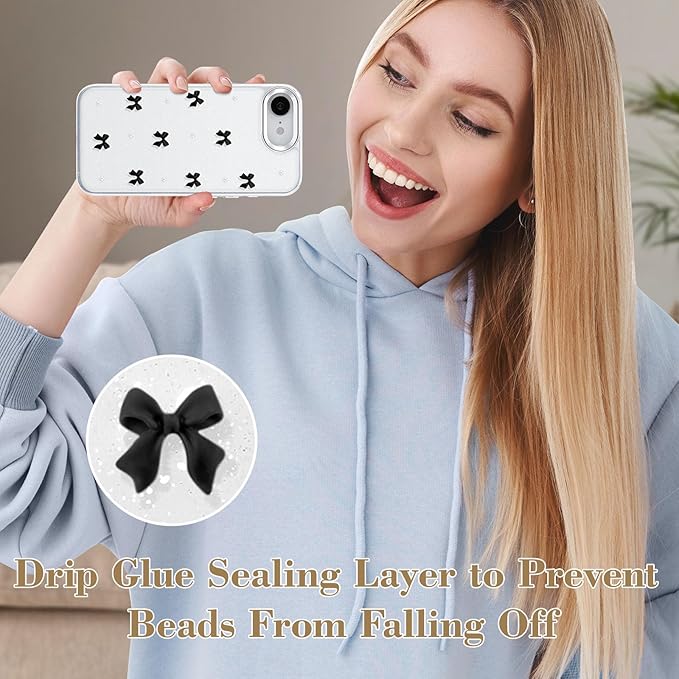 EYZUTAK Case for iPhone 16e, Bling Glitter 3D Bowknot Phone Case Cute Sparkly Crystal Clear Bow Aesthetic Design Cover Slim Soft Durable TPU Transparent Protective Cover for Women Girl - Black Bow
