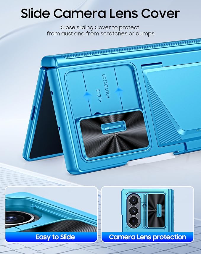 for Samsung Galaxy Z Fold 7 Case with Card Holder RFID Blocking [Privacy Screen Protector ] [Slide Lens Cover] [Hinge Protection] Shockproof Protective Phone Wallet Case for Z Fold 7 (Lake Blue)