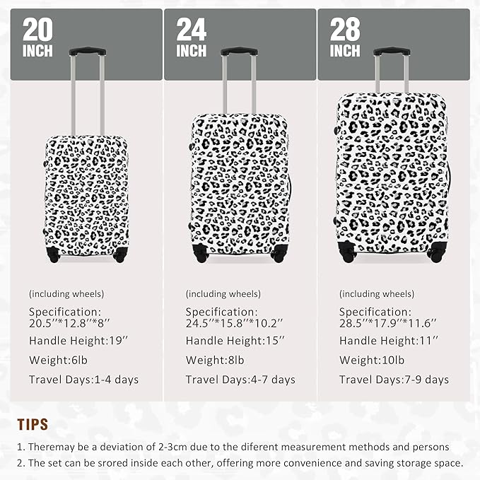 Merax Luggage Sets 3 Piece, Hardside Expandable Suitcase Set with Spinner Wheels, Lightweight Leopard Luggage 20+24+28 IN, Leopard White+Black
