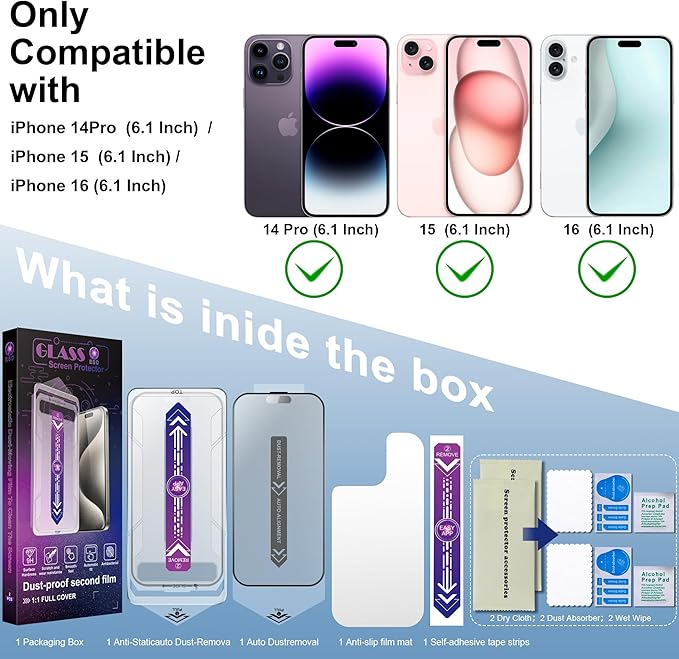 2 Pack Matte Screen Protector for iPhone 16 and 14 Pro 6.1-Inch Auto Dust Removal, No Bubbles, Tempered Glass Film, Easy Installation