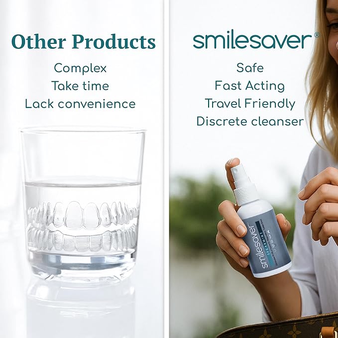 Smilesaver Retainer Cleaner - A Clean Label, Healthy Choice, 30 Sec Spray Cleaner for Retainers, Invisalign, & Dentures. Minty Taste. Portable, Convenient, No Rinsing. Protects Oral Health. (2oz)