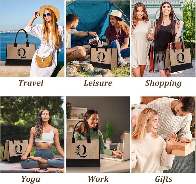 AYGE Personalized Initial Jute Tote Bag & Makeup Bag, Beach Bag, Monogrammed Birthday Gifts for Women Sister Mom Bridesmaid