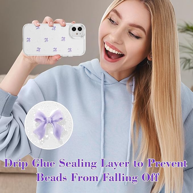 EYZUTAK Case for iPhone 11, Bling Glitter 3D Bowknot Phone Case Cute Sparkly Crystal Clear Bow Aesthetic Design Case Slim Soft Durable TPU Transparent Protective Cover for Women Girl - Purple Bow