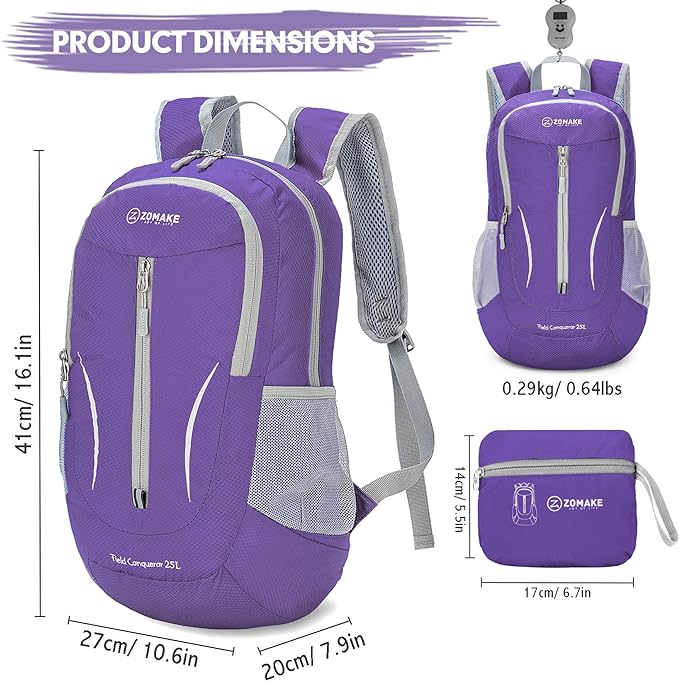 ZOMAKE Ultra Lightweight Packable Backpack 25L, Foldable Hiking Backpacks Water Resistant Small Folding Daypack for Travel(Purple)