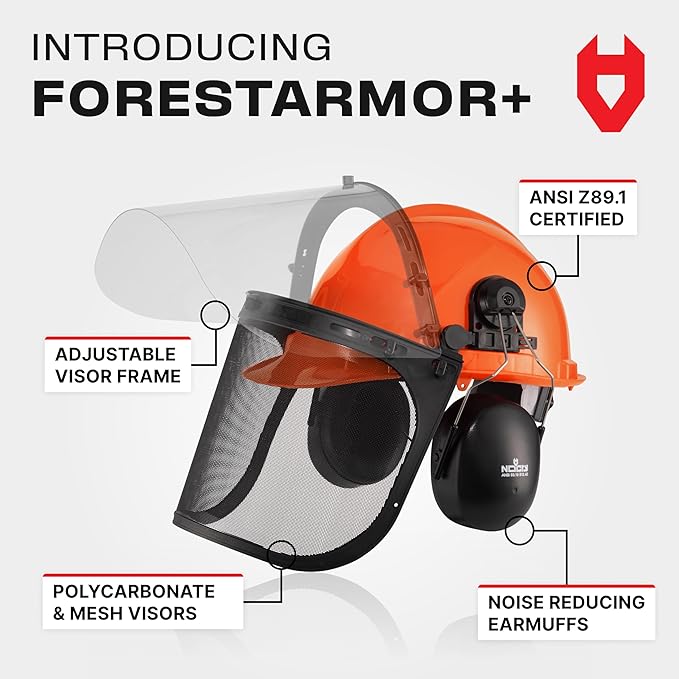 NoCry 6-in-1 Industrial Chainsaw Helmet with Face Shield and Ear Muffs — Mesh & Clear Plastic Visors Included — ANSI Z89.1 Certified — Adjustable Headgear — Ideal for Forestry and Arborist Work