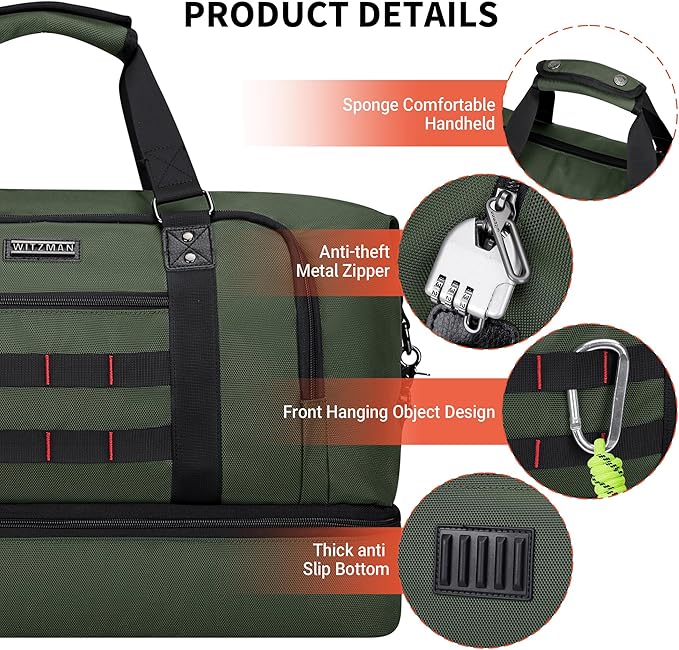 WITZMAN Travel Duffle Bags for Men Weekender Bags with Toiletry Bag Sets Carry On Overnight Bag 55L （B696 Army Green）
