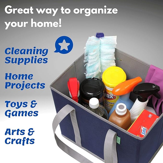 Reusable Grocery Bags (3 Pack) – Heavy Duty Reusable Shopping Bags with Box Shape to Stand Up, Stay Open, Fold Flat – Large Tote Bags are Foldable with Long Handles & Hard Bottom (Navy Blue)