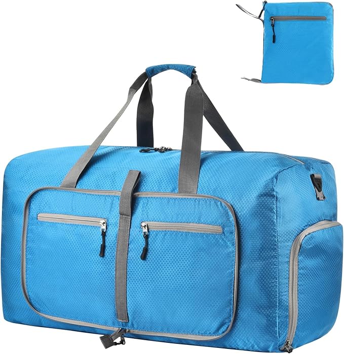 Dimayar Travel Duffle Bag for Men Women - Foldable Duffel Bag with Shoes Compartment - Overnight Bags Waterproof & Tear Resistant(40L,Light Blue)