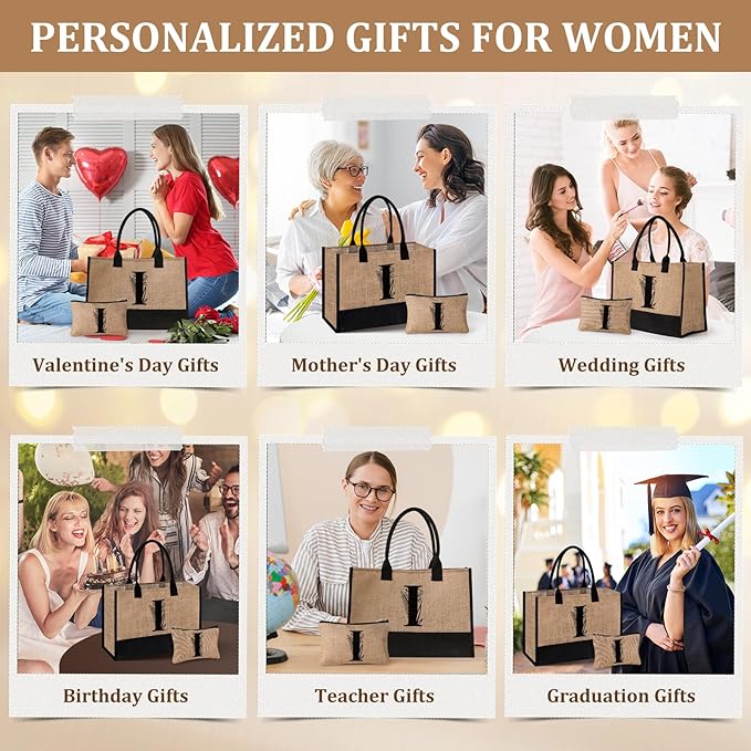 AYGE Personalized Initial Jute Tote Bag & Makeup Bag, Beach Bag, Monogrammed Birthday Gifts for Women Sister Mom Bridesmaid