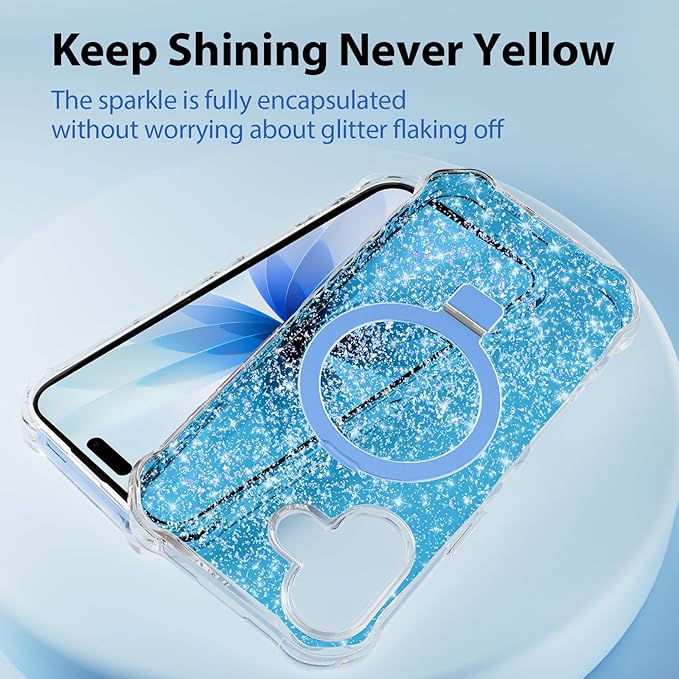 Magnetic for iPhone 17 Case with Invisible Stand, Compatible with MagSafe, Clear Bling Sparkle Shockproof Slim Anti-Slip Military Drop Protection Hard Phone Case 6.3" Glitter Blue