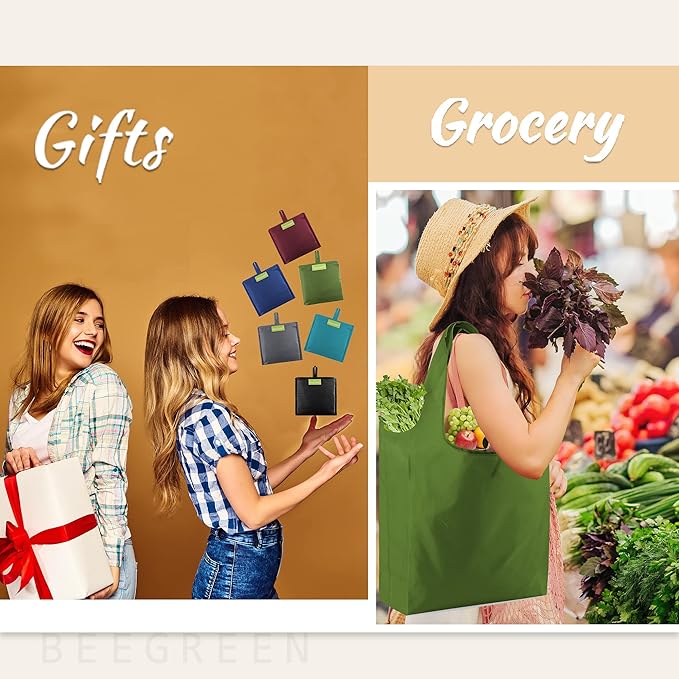 BeeGreen Reusable Bags Tote Bags for Women - 6 Pack Bulk Extra Large Reusable Gifts Bag with Handles - Heavy Duty Foldable Machine Washable Travel Grocery Bag Organizer (Packable Shopping Bags)