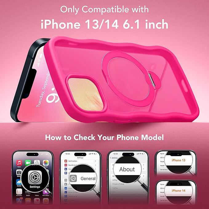 for iPhone 13 Case & iPhone 14 Case for Women,[Compatible with Magsafe][360° Spin Magnetic Stand][Cute Wave Edge][Military-Grade Protection] Translucent Matte Phone case for iPhone 13/14, Hot Pink