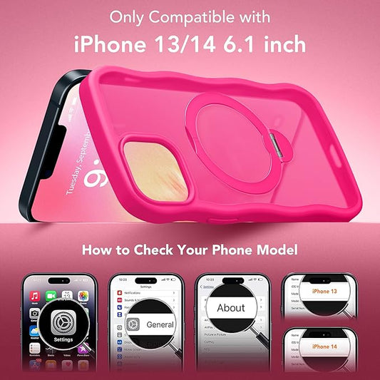 for iPhone 13 Case & iPhone 14 Case for Women,[Compatible with Magsafe][360° Spin Magnetic Stand][Cute Wave Edge][Military-Grade Protection] Translucent Matte Phone case for iPhone 13/14, Hot Pink