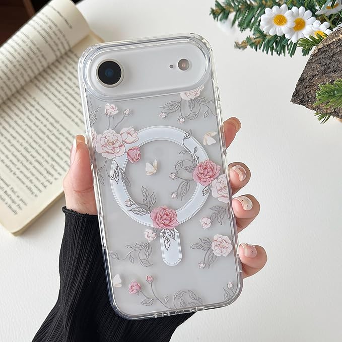 ZTOFERA for iPhone Air Magnetic Case Compatible with Magsafe,Aesthetic Floral Pattern Design Cute for Girl Women,Anti-Drop Protective Hard Phone Cover for iPhone Air-Pink Rose
