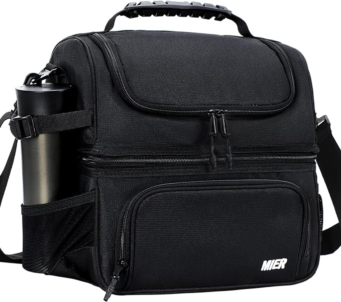 MIER Dual Compartment Lunch Bag Tote with Shoulder Strap for Men and Women Insulated Leakproof Cooler Bag, Black