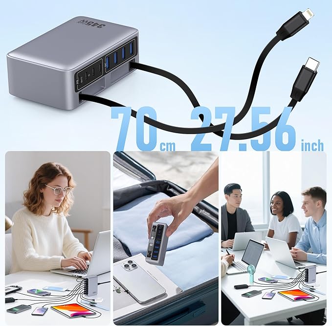 345W USB C Charger Block with 2 Built-in Retractable Cables,10-in-1 GaN IV USB C Charging Station,PD 65W Laptop Charger Power Adapter for MacBook Pro/Air,DELL,iPhone17/16/15/14,Galaxy S24,Android etc