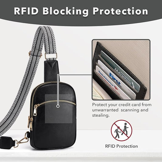 Yarnic Small Sling Bag for Women Men, Anti Theft RFID Cross body Purses,Vegan Pu Leather Chest Bag with Adjustable Strap for Travel Work (Black)