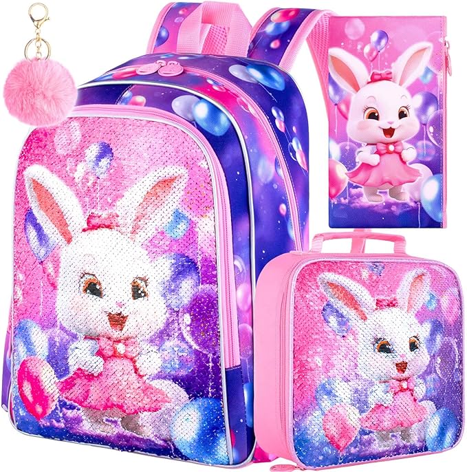 3Pcs Backpack for Girls, 16" Sequins Kids Bookbag with Lunch Box, Bunny School Backpacks for Elementary Preschool Kindergarten (Pink)