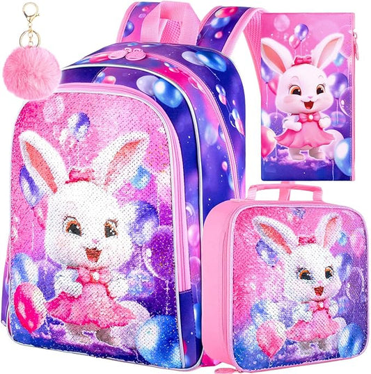 3Pcs Backpack for Girls, 16" Sequins Kids Bookbag with Lunch Box, Bunny School Backpacks for Elementary Preschool Kindergarten (Pink)