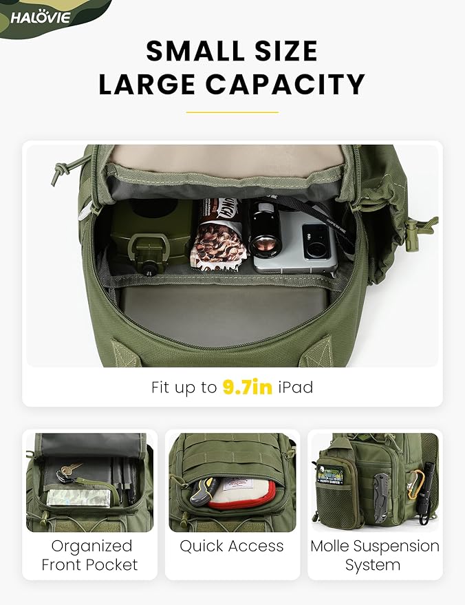 HALOVIE Anti-theft Tactical Sling Bag RFID ArmyGreen Military Shoulder Bag with Phone Pack EDC Molle Crossbody Bag for men