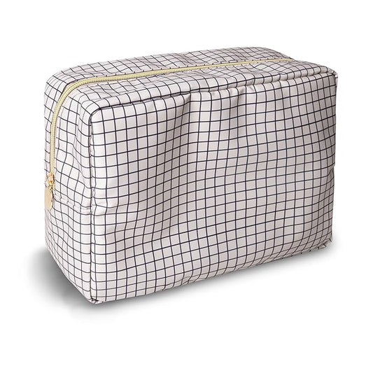 Large Makeup Bag Pouch, Nylon Women Travel Toiletry Storage Bag Checkered Cosmetic Bag for Girls, Big Preppy Makeup Organizer Bag Cute Zipper Pouch Skincare Bag for Sport School Work (Large-Checkered)