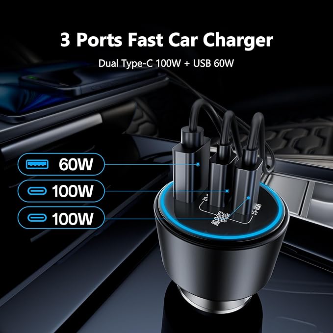 USB C Car Charger Fast Charging 200W, Dual PD 100W Type C Car Charger, PD3.0/QC4.0/PPS Cigarette Lighter Adapter for iPhone 16/15/14/13/12, Galaxy S22/S21 Ultra, MacBook, Laptop etc