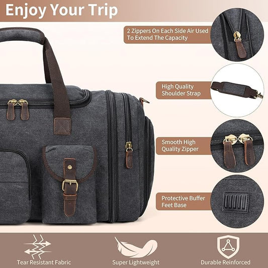 Mens Duffle Bag for Travel 60L Expandable Canvas Weekender Overnight Travel Duffel Bag with Shoe Compartment Carry-On for Airplanes Dark Gray