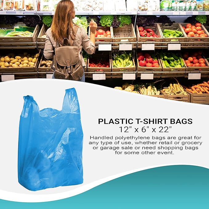 Blue T-Shirt Bags, 12 x 6 x 22 Inches. Pack of 700 Plastic Merchandise Bags, 18 Micron. Unprinted Grocery Bags with Handles. High Density Polyethylene Shopping Bags for Small Business
