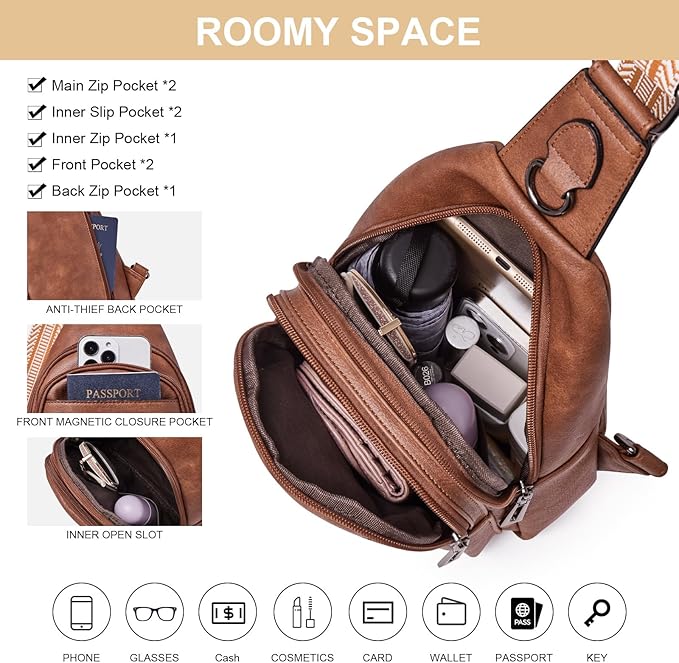 Womens Sling Bag Crossbody Bags for Women Vegan Leather Sling Backpack Daypack Fanny Pack Crossbody Purse Travel